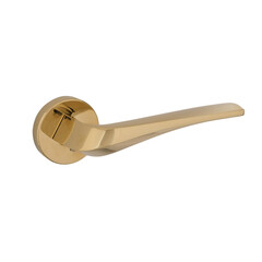 High-quality photo of metal gold door handle lever isolated on white. Ideal for online catalog, e-commerce listings, and product design presentations focused on modern home hardware style.