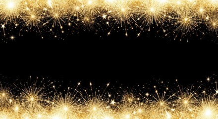 Sparkling golden fireworks border on black background
