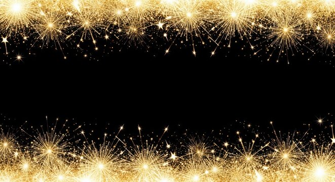 Sparkling golden fireworks border on black background