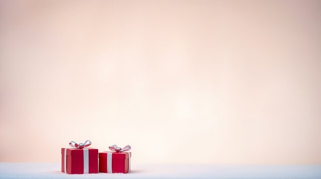 New Year background, soft pastel colors, gentle snowflakes, simple gradient, clean and uncluttered design, xmas gifts in red boxes