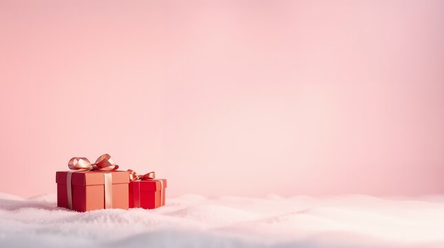 New Year background, soft pastel colors, gentle snowflakes, simple gradient, clean and uncluttered design, xmas gifts in red boxes