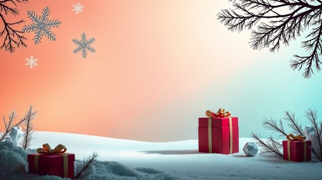 New Year background, soft pastel colors, gentle snowflakes, simple gradient, clean and uncluttered design, xmas gifts in red boxes