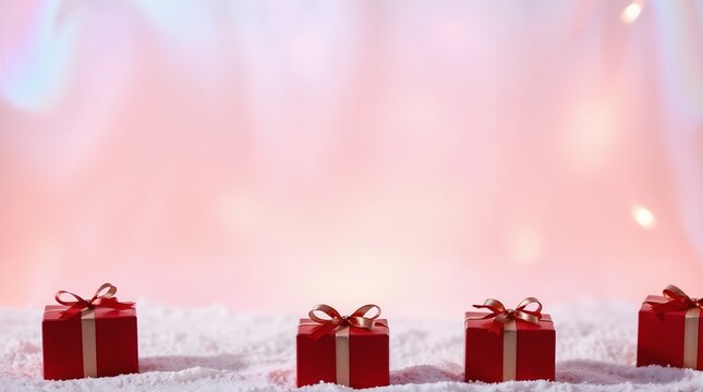 New Year background, soft pastel colors, gentle snowflakes, simple gradient, clean and uncluttered design, xmas gifts in red boxes