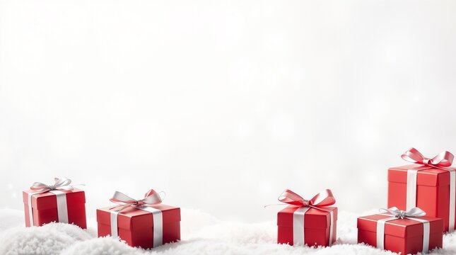 New Year background, soft pastel colors, gentle snowflakes, simple gradient, clean and uncluttered design, xmas gifts in red boxes