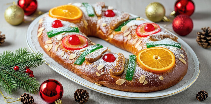 Roscon de reyes  traditional Spanish Christmas pastry cake with cream and Christmas ornaments on a festive background.