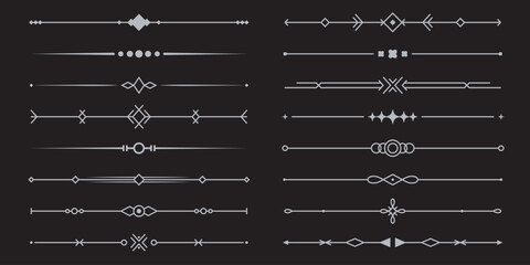 Line silver text dividers. Set of simple geometric borders. Classic collection for menu, greeting card, and invitation designs. Vector illustration isolated on a black background