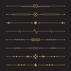 Line gold text dividers. Set of horizontal geometric borders. Elegant collection for menu, greeting card, invitation designs. Vector illustration on a black background