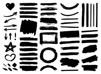 Marker or brush stroke set. Black hand-drawn paint lines and frames. Collection of simple elements for designs. Vector illustration on a white background