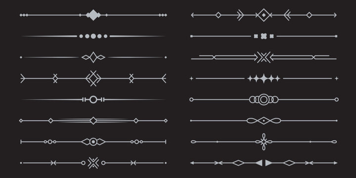 Line silver text dividers. Set of simple geometric borders. Classic collection for menu, greeting card, and invitation designs. Vector illustration isolated on a black background