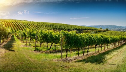 Fototapeta premium Green Field With Rows Of Vines For Harvesting Ripe Grapes For The Production Of Fine Wines Generative Ai