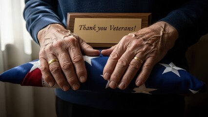 Elderly person's hands respectfully holding a folded american flag and a Thank you Veterans plaque indoors