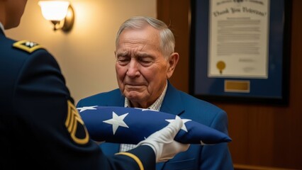 Elderly man receives folded American flag from soldier indoors during a solemn military ceremony
