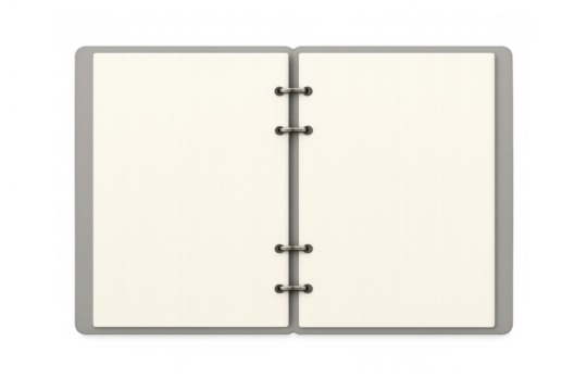 Open spiral notebook showing blank pages on a transparent background, perfect for adding text or designs