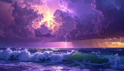 Lightning storm over ocean waves, purple and golden sky, cinematic wide shot.