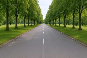 Obraz premium Scenic Avenue with Trees: A Straight Road Leading to a Tranquil Destination in Springtime