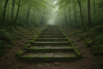 Obraz premium Stone Steps Leading Upward Through a Misty Forest: Serene Nature Scene with Green Foliage