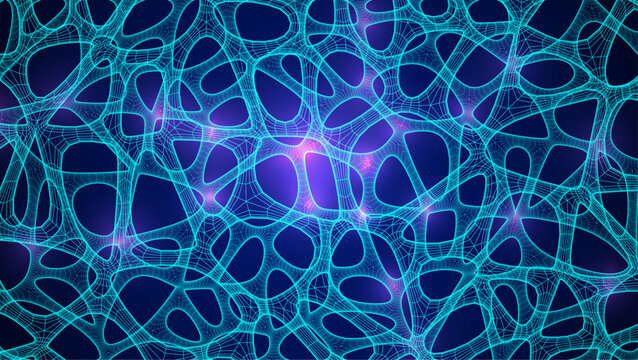 Blue Organic Cell Pattern With Neural Texture. Abstract Voronoi Network. Ai Bg With Neuron And Synapse Geometry. Cyber Grid And Mesh. Techno Background With Dynamic Lines And Curve. Biology Structure