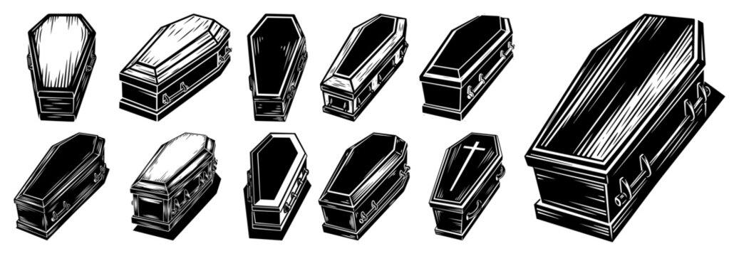Set of wooden coffins in various angles for funeral or halloween themes Vector black and white line art illustration