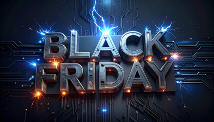 Metallic 3D letters with electric sparks, Black Friday glowing like circuit board.