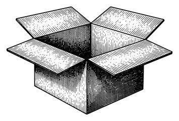 Open cardboard box vector illustration in vintage woodcut style showing empty package container and shipping carton sketch with engraving texture