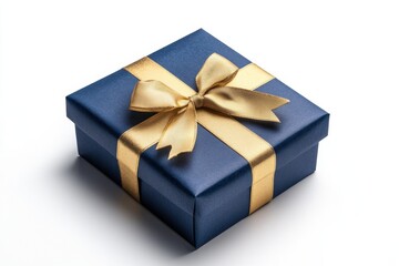 Obraz premium Elegant navy blue gift box wrapped with a shiny gold ribbon on a clean white background. The scene suggests celebration, luxury and special occasions.