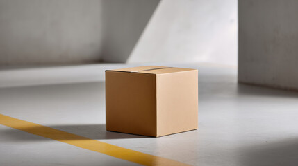 A cardboard box sits on a concrete floor with yellow lines painted in the background, suggesting an industrial setting or storage area.