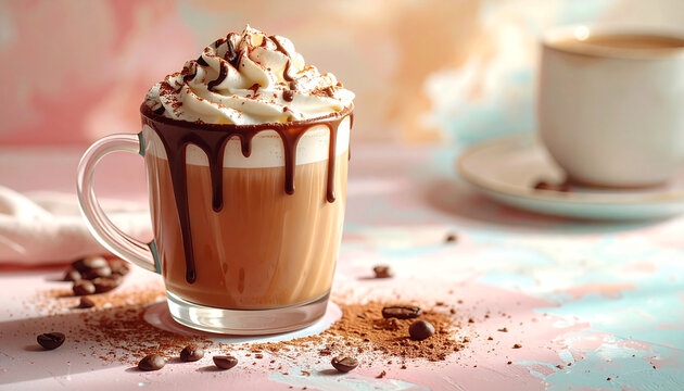 Mocha coffee with whipped cream and chocolate drizzle, on pastel table, soft daylight.