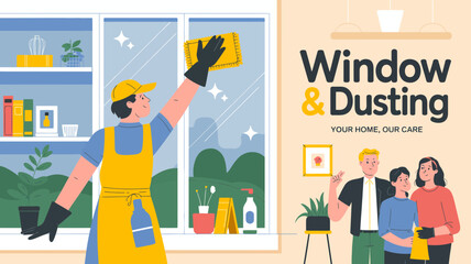 Professional window and dusting service with happy family and cleaner in protective gear