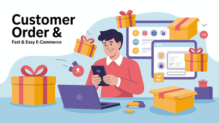 Fototapeta premium Customer ordering and fast easy e commerce concept with gifts and online shopping interfaces