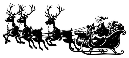 Flying Santa Claus sleigh with reindeer team vector silhouette illustration depicting Christmas eve delivery ride
