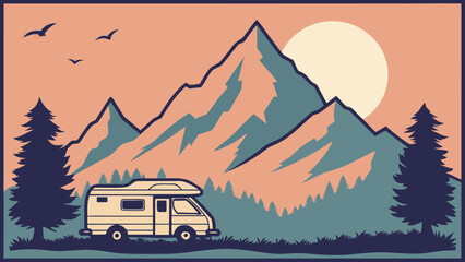 A scenic landscape featuring a camper van parked amidst towering mountains, lush trees, and a radiant sun, evoking a sense of adventure and tranquility
