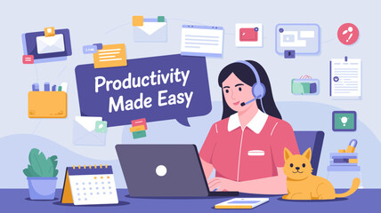 Naklejka premium Woman with headset working on laptop with cat and productivity icons symbolizing ease of work