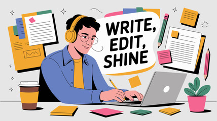 Creative person wearing headphones working on laptop with text write edit shine and office supplies
