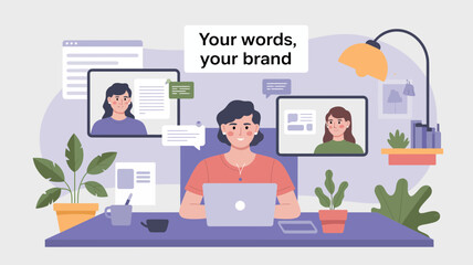 Woman working on laptop with video calls and text messages showing brand communication and marketing