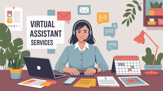 Smiling woman with headset working at desk offering virtual assistant services with laptop and calendar