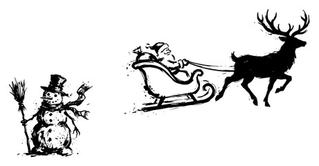 Santa Claus riding sleigh with reindeer and snowman character vector set in rough hand drawn sketch style depicting winter holiday scenes