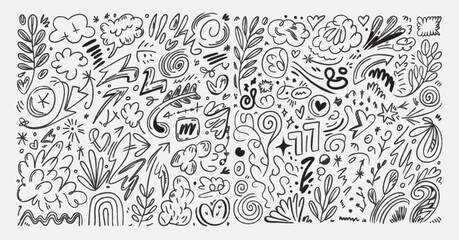 Hand drawn doodle pattern with abstract shapes, lines, leaves, and symbols in black and white