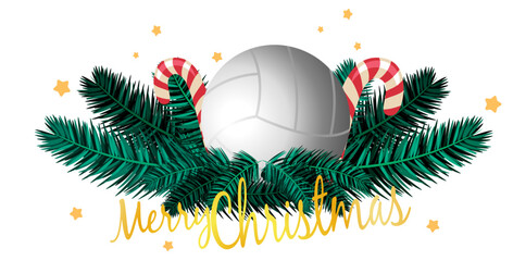 Christmas volleyball illustration featuring ball, pine branches, holly, bows, bells and lights. Perfect for greeting cards, banners, labels and festive creative projects