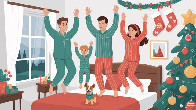 Joyful family in pajamas jumping on bed with christmas tree and decorations celebrating holidays
