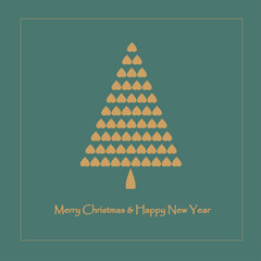 Merry Christmas and Happy New Year banner. Christmas tree, stylised fir from yellow heart on green background stock vector illustration for web, for print design element