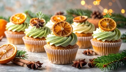Christmas cupcakes with dried orange and green frosting on festive background