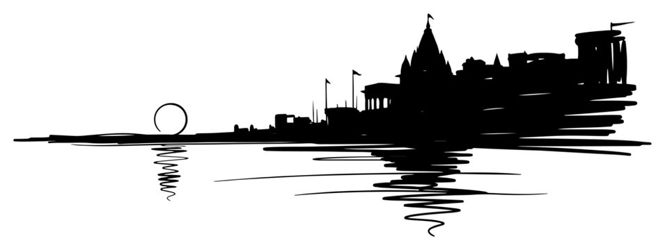 Varanasi city skyline silhouette with temples and river reflection Vector black and white line art illustration