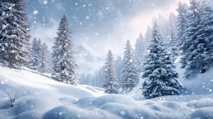 Fototapeta premium Serene Winter Landscape: Majestic Snow-Covered Trees and Gentle Snowfall in a Tranquil Mountain Setting