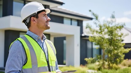 Professional engineer or architect using a digital tablet on a modern building construction site, reviewing plans and managing the project with advanced technology - Powered by Adobe