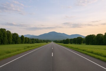 Scenic highway leading to mountains with picturesque sky and lush green landscape, symbolizing travel and adventure