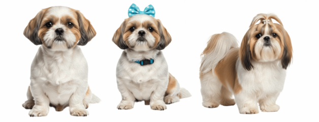 Cute Shih Tzu Dog Sitting Wearing Blue Bow and Collar Isolated on White Background Studio Portrait