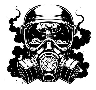 Hand drawn gas mask with nuclear explosion reflection in goggles sketch Vector illustration of apocalypse and radiation danger symbol