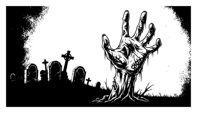 Hand drawn zombie hand rising from the grave in cemetery sketch Vector illustration of halloween horror background and tombstone silhouette - Powered by Adobe