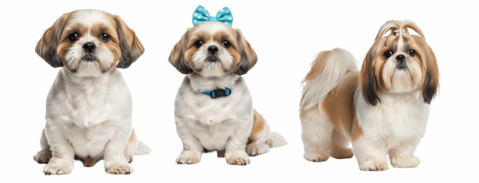 Cute Shih Tzu Dog Sitting Wearing Blue Bow and Collar Isolated on White Background Studio Portrait