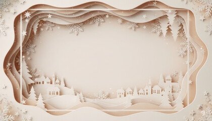 Christmas banner with light beige background and winter landscape